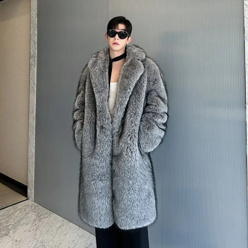One-piece Eco-friendly Fur Winter Faux Fox Fur Coat Men's Mid-length Suits and Trends Fur Coat Men Casacas Para Hombre Jaquetas