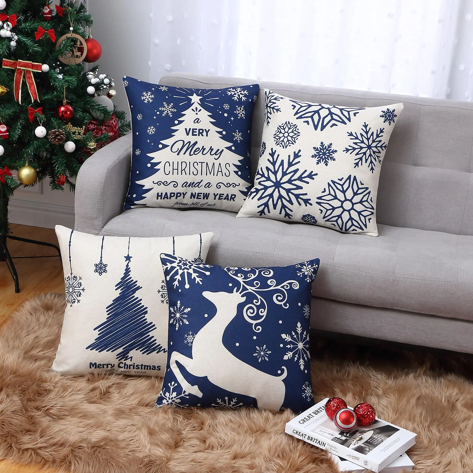 Christmas Throw Pillow Covers,Set of 4 Blue Snowflakes,Reindeer and Christmas Trees Decorations, Cushion Covers for Couch, Sofa