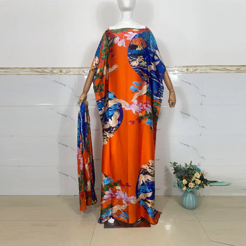 2023 New African dresses for woman Party Lace Embroidered silk kaftan Pressed Diamond Pattern Long Dress With Scarf For Lady