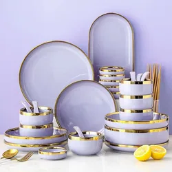 Bright Purple Porcelain Dinner Tray Kitchen Plates With Gilt Rim Ceramic Tableware Food Dishes Rice Salad Noodles Bowl