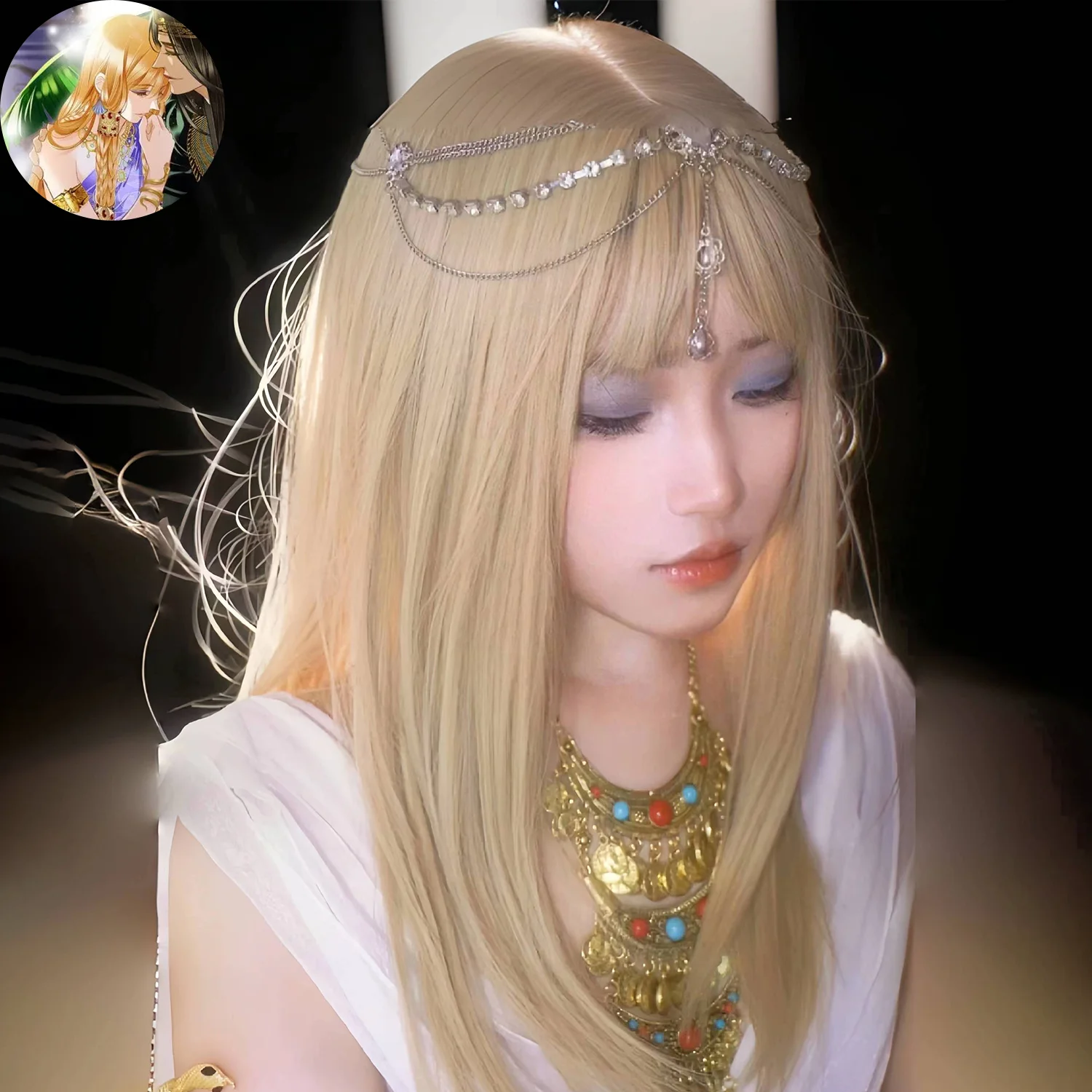 Peluca Cos de concubina del faraón "Aivees and the Song of the Sea", flequillo de aire largo y recto blanco lechoso