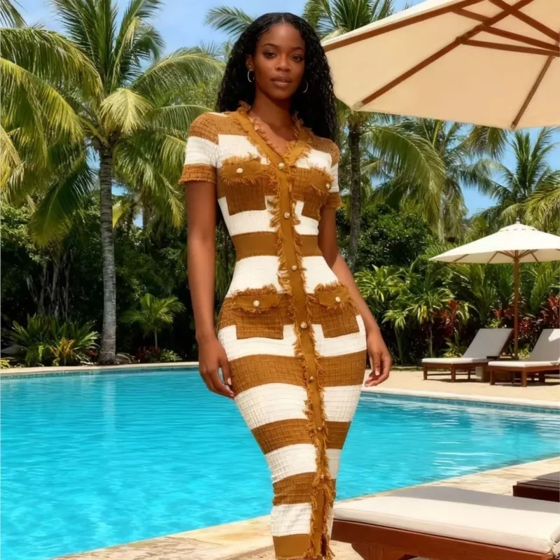 Elegant Women's V-Neck Striped Dress Summer Short-Sleeved Tassel Knit Slim Fit Dresses for Women