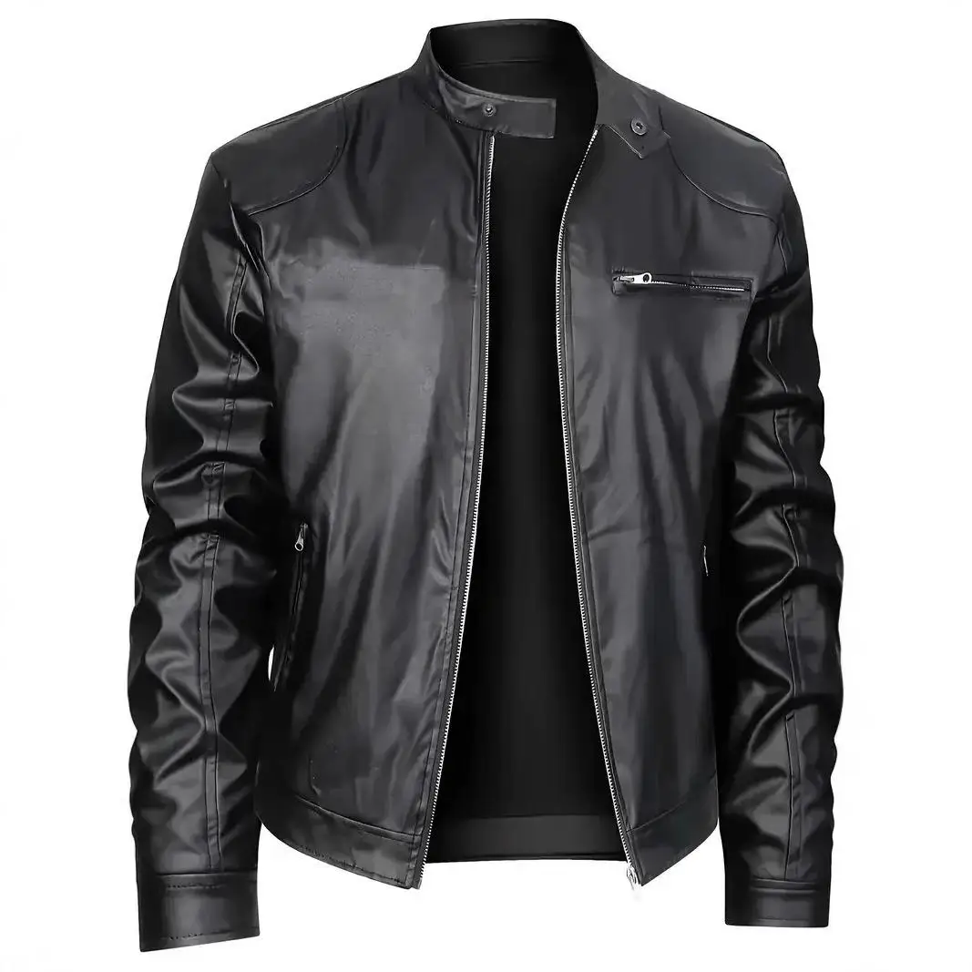 

2025 Autumn New Fashionable Stand Up Collar PU Leather Men Casual Jacket Solid Color Zipper Street Wear Motorcycle Leather Coat