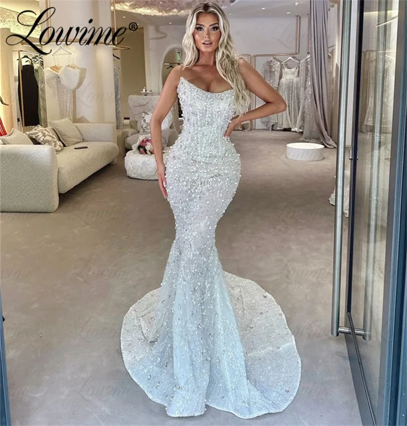 White Cape Sleeves Elegant Evening Dress Dubai Arabic Pearls Crystals Mermaid Prom Dress 2024 Party Celebrity Dresses Customized