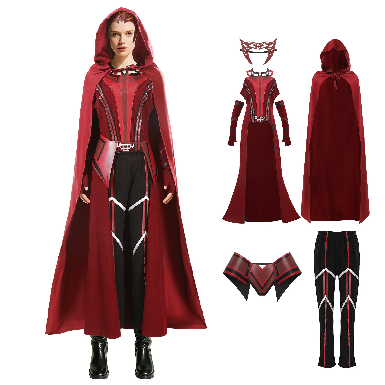 

Women Wanda Maximoff Cosplay Costume Scarlet Witch Headwear Cloak and Pants Full Set Outfit Halloween Accessories Props