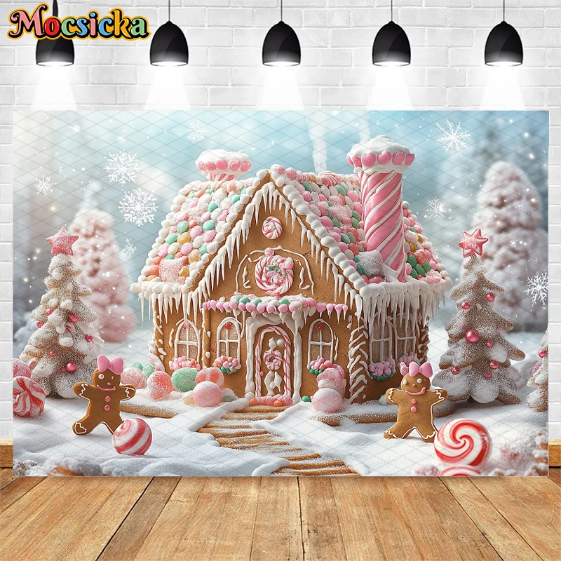 Christmas Gingerbread House Backdrop Photography Winter Xmas Tree Candy Decor Cake Smash Kids Portrait Photo Background Studio