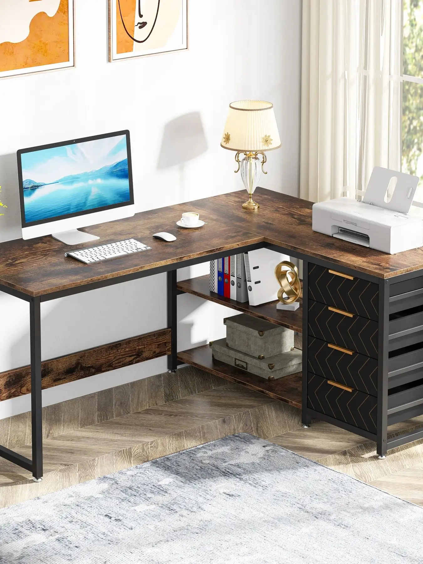 Tribesigns L-vormig computerbureau met opbergladen, 59 inch hoekbureau met planken, omkeerbaar L-vormig bureau Studie
