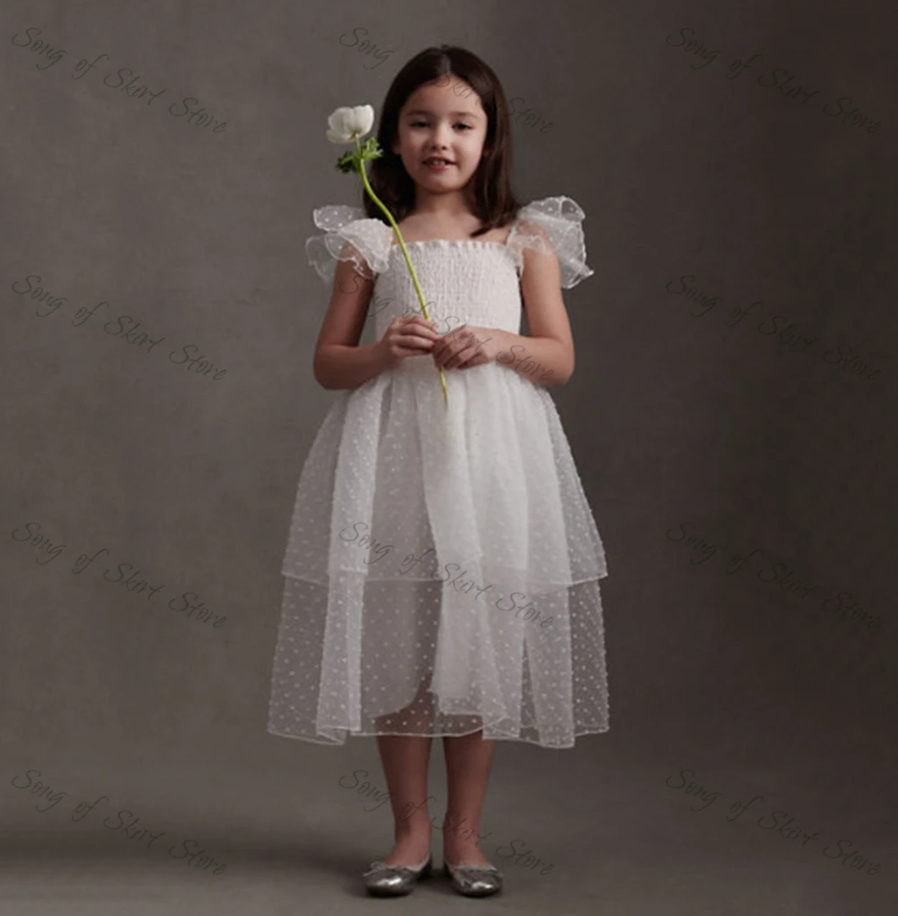 Simples a linha branco flor gril vestidos gola quadrada em camadas manchado tule primeira comunhão crianças brithday baile de formatura vestido de festa