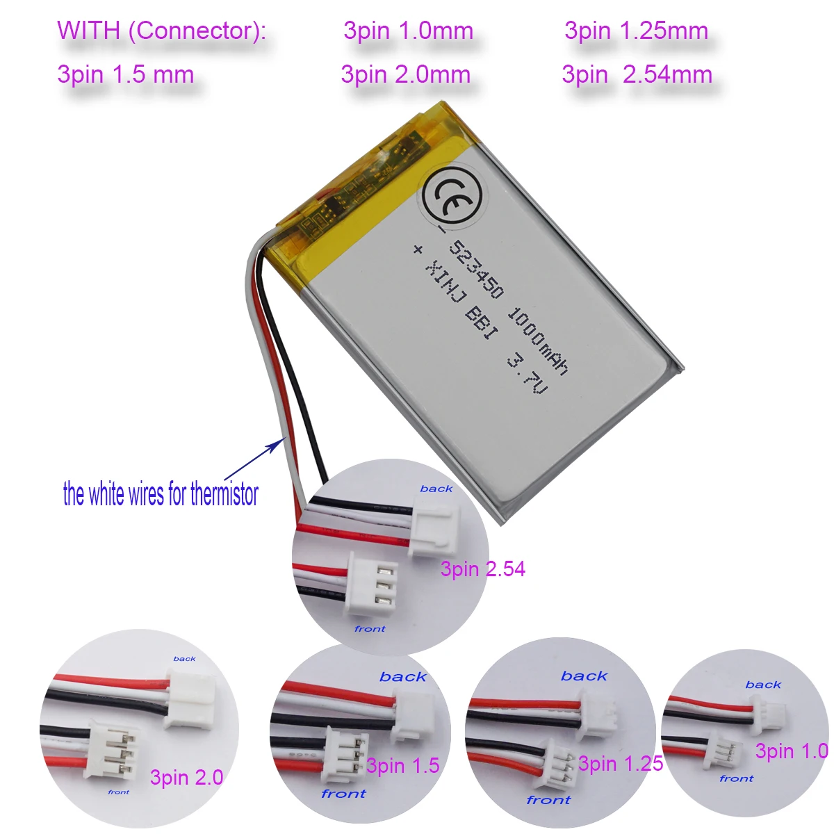 3.7V 1000 MAh Polymer Li Lithium Battery 523450 JST 3pin 1.0/1.25/1.5/2.0/2.54mm Connector For GPS PDA Camera Bluetooth Earphone