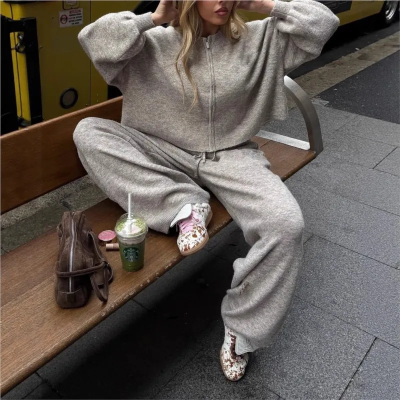 Women's Knit Tracksuit Zip Up Cardigan Wide Leg Pants Casual Two Piece Set Long Sleeve Sweater Loungewear Streetwear view 2