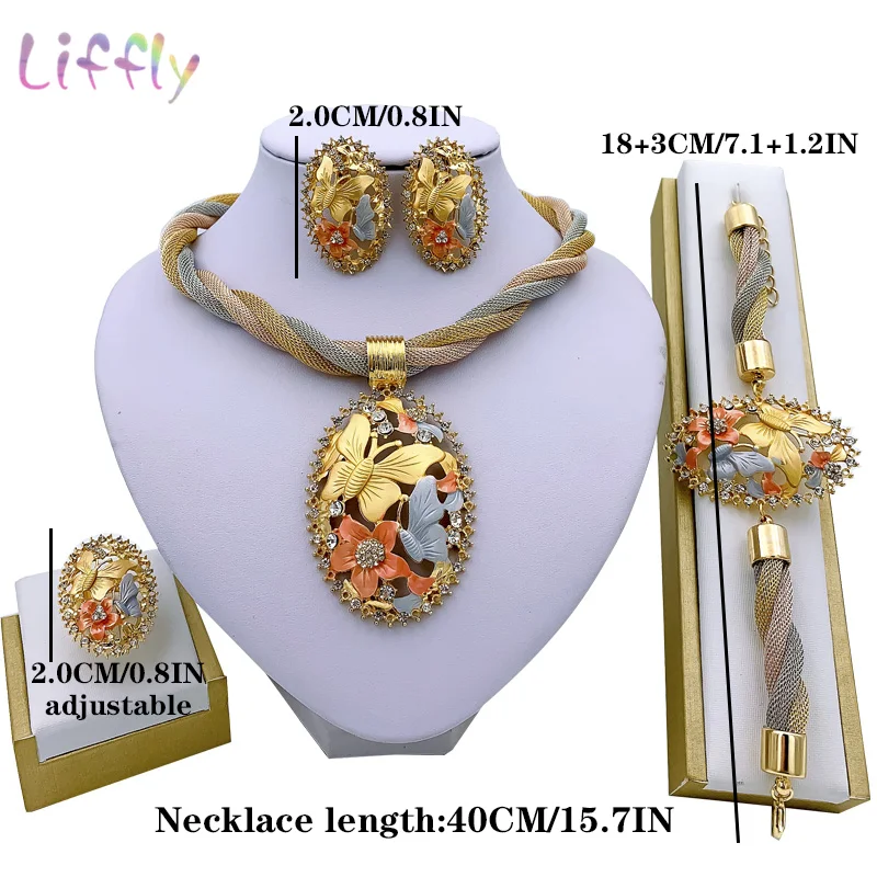 African Necklace Earrings Dubai Gold Color Jewelry Set for Women Wedding Bridal Travel Party Bracelet Ring Pendant Jewelry