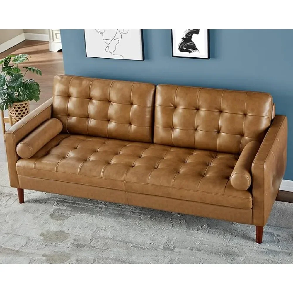 

Leather Sofa,Mid-Century Modern Genuine Leather Sofa,3 Seater Comfy Couch for Living Room Home Office-Brown, couch muebles