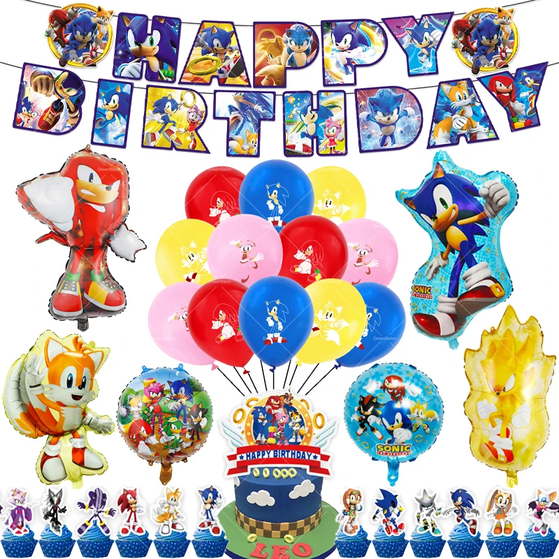 Sonic Balloons Happy Birthday Banner The Hedgehog Party Decoration Game Cake Topper Disposable Tableware Keychain Background Toy