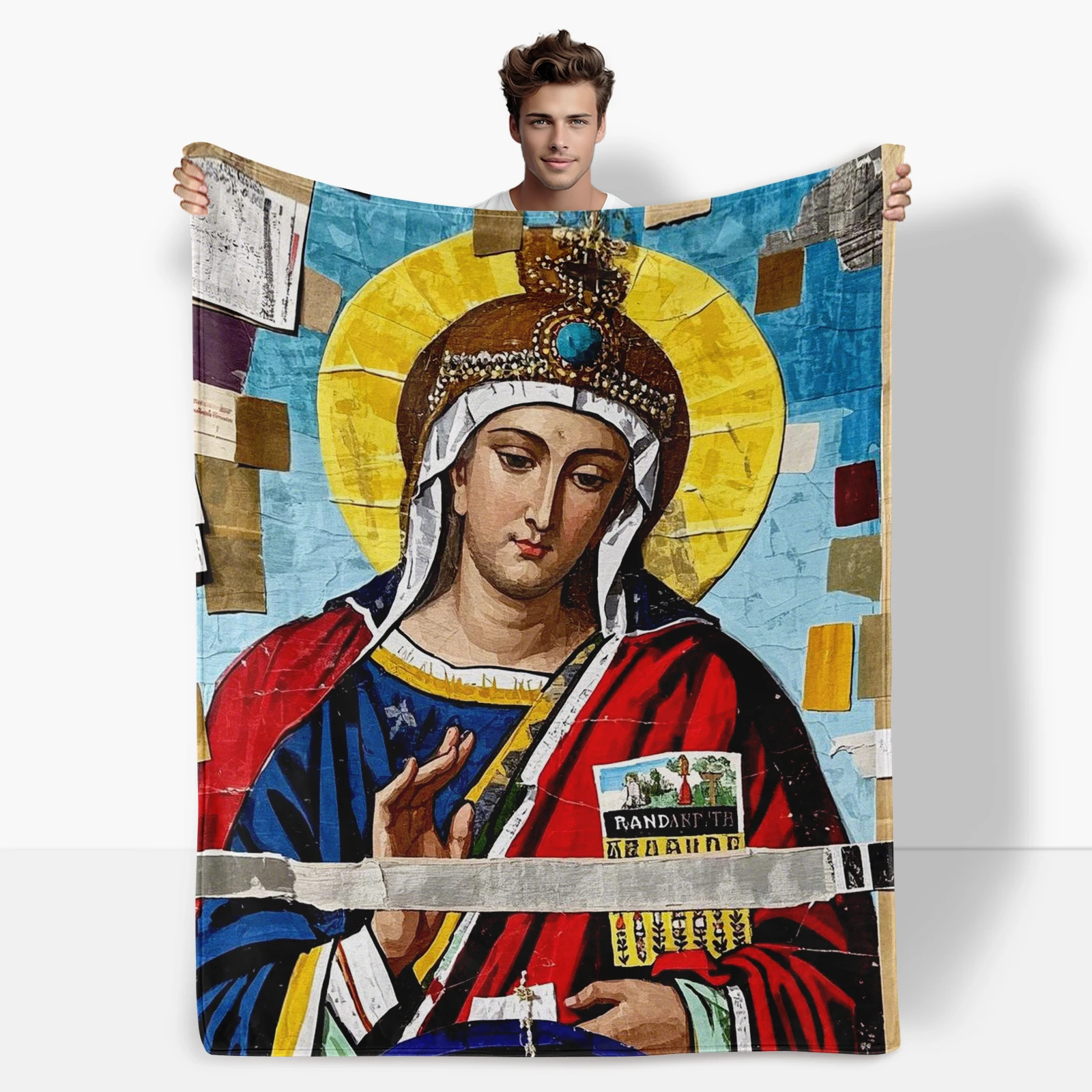 

Religious Blanket With Virgin Mary, Halo, Attire And Ribbon, Ideal Gift That Brings Blessings And Comfort To Dear Ones