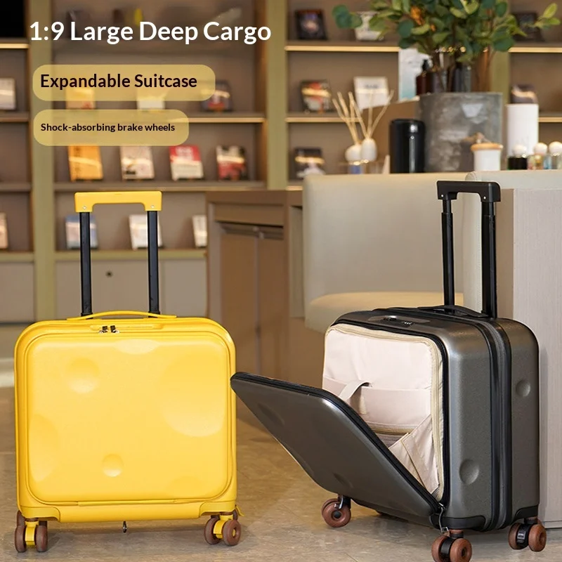 Front-opening suitcase for women, 20-inch small lightweight carry-on trolley case with combination lock for travel