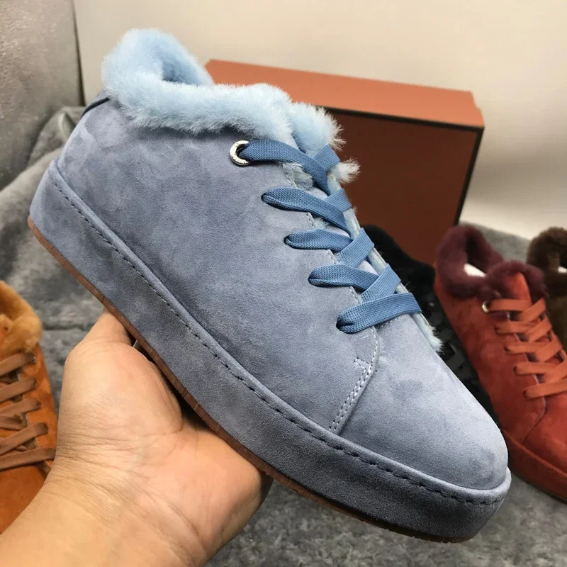 Multicolor Suede One-pedal Furry Shoes for Women Lace Up Low Top Women Warm Walk Shoes Thick Wool Winter Fur Sneakers