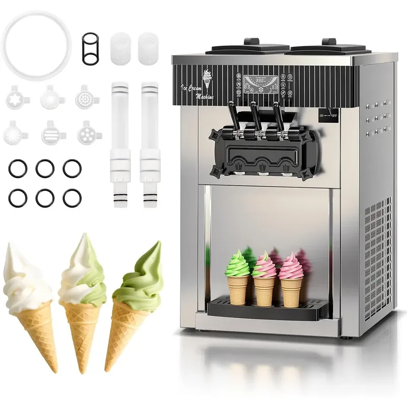 Soft Serve Ice Cream Machine 28 QT H Yield 2450W Countertop Commercial Ice Cream Machine With 2x6L Hopper 3 Dispensers LCD
