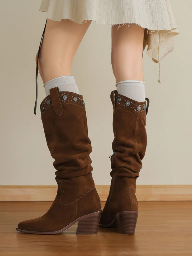 Women's Suede Knee-High Cowboy Boots Wedge Heel Stud Detail Design Slouchy Vintage Casual Ladies Street Daily Long Botas