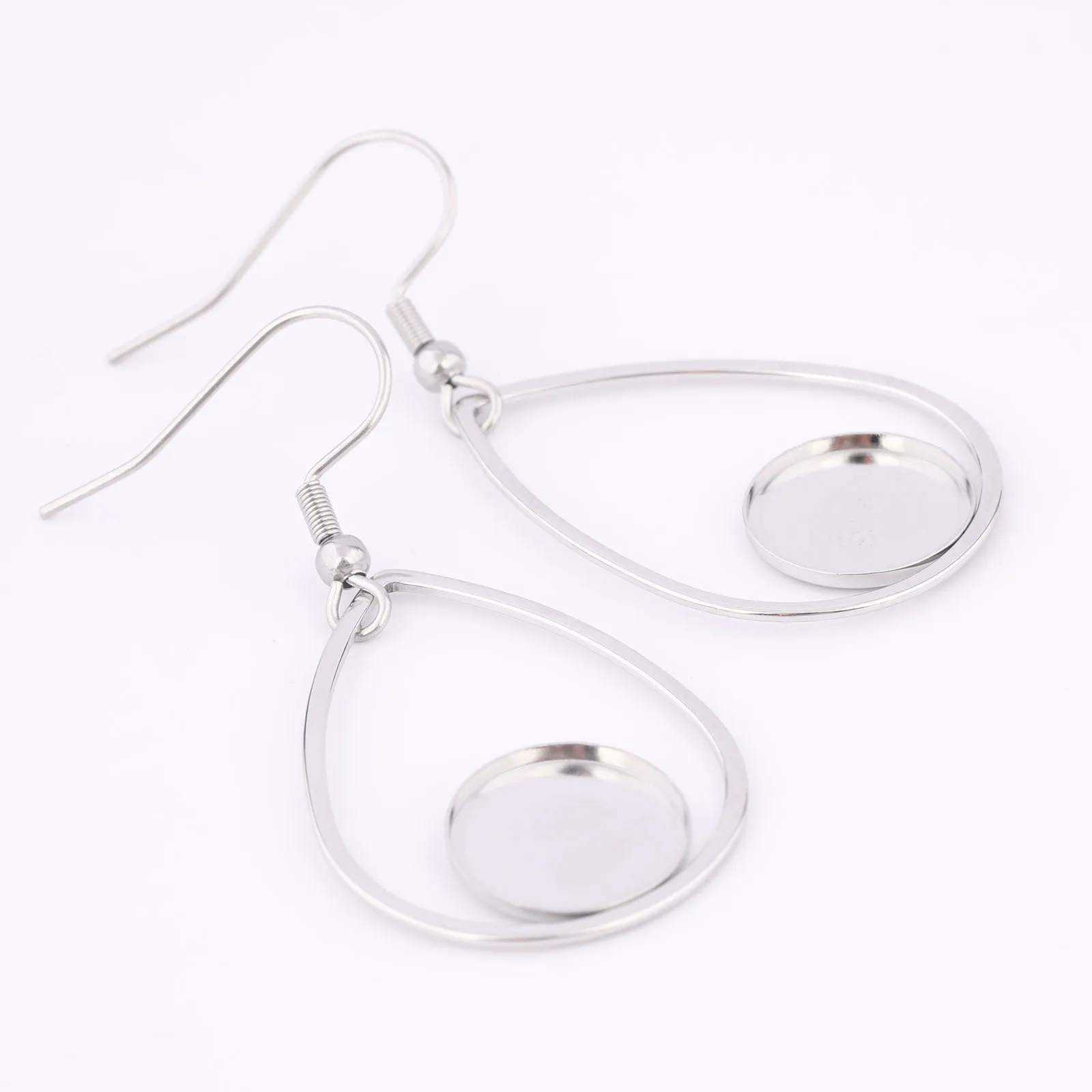 10pcs Stainless Steel Teardrop Hoop Earring Base Blanks Fit 12mm Cabochon Earrings Bezel Setting Trays Diy Hooks Findings