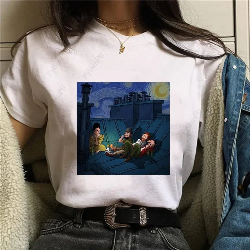 Van Gogh T-shirt Woman Cartoon Parody Oil Painting Short Sleeve T-shirt Woman White Street Half Sleeve Tops Oversized T Shirt