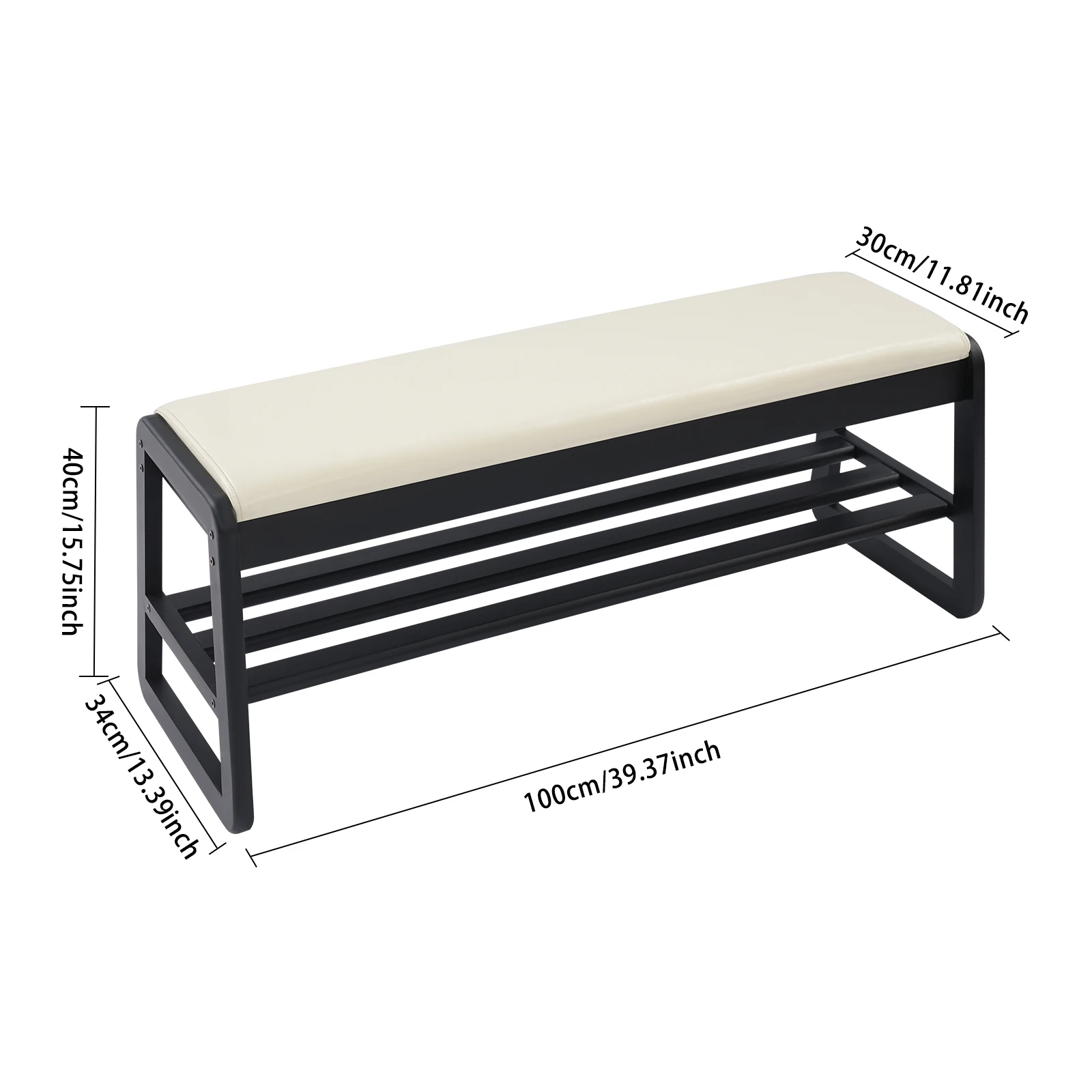 Banc étagère à chaussures en bois d'hévéa avec coussin, banc organisateur de chaussures avec rangement, banc étagère à chaussures pour entrée couleur noir + Beige