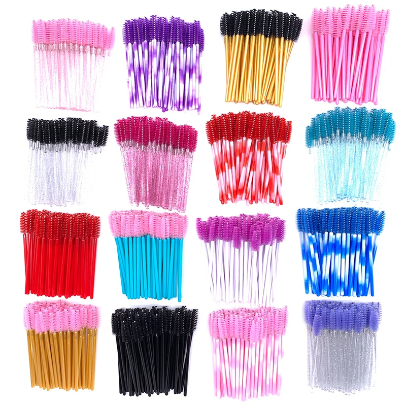 50 Pcs Shiny Crystal Eyelash Applicator Disposable Diamond Handle Nylon Mascara Wands Spoolies Pink Brushes