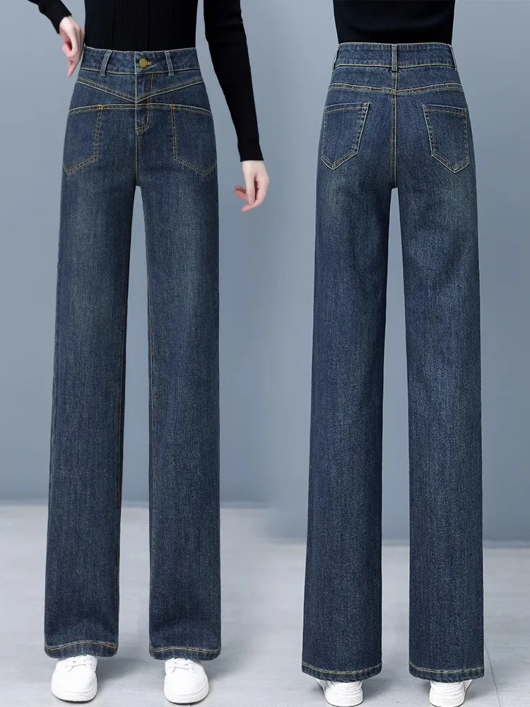 

Джинсы с высокой талией и флисовой подкладкой, прямые, широкие брюки для женщин, новые джинсовые брюки на весну-осень-зиму, длинные брюки