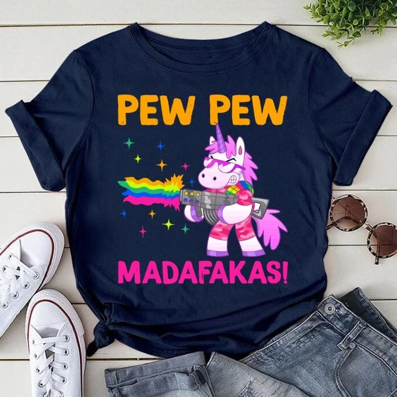 Cool Pew Pew Madafakas Print T-shirts For Women Summer Fashion Casual Short Sleeve Round Neck Tops Ladies T-shirt