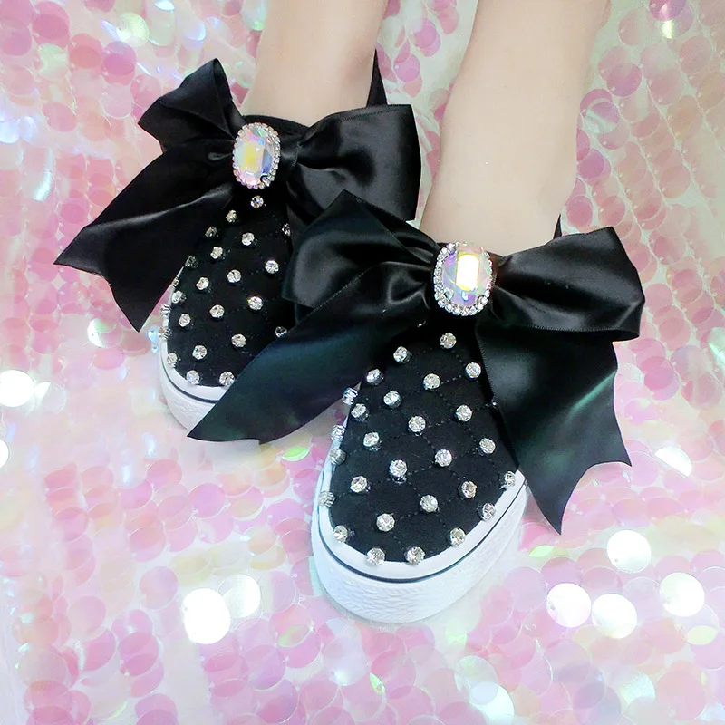 Luxury Rhinestones Women Cute Sneakers Platform Chunky Black Canvas Bow Casual Shoes Thick Bottom Ladies Trainers Lolita Shoes