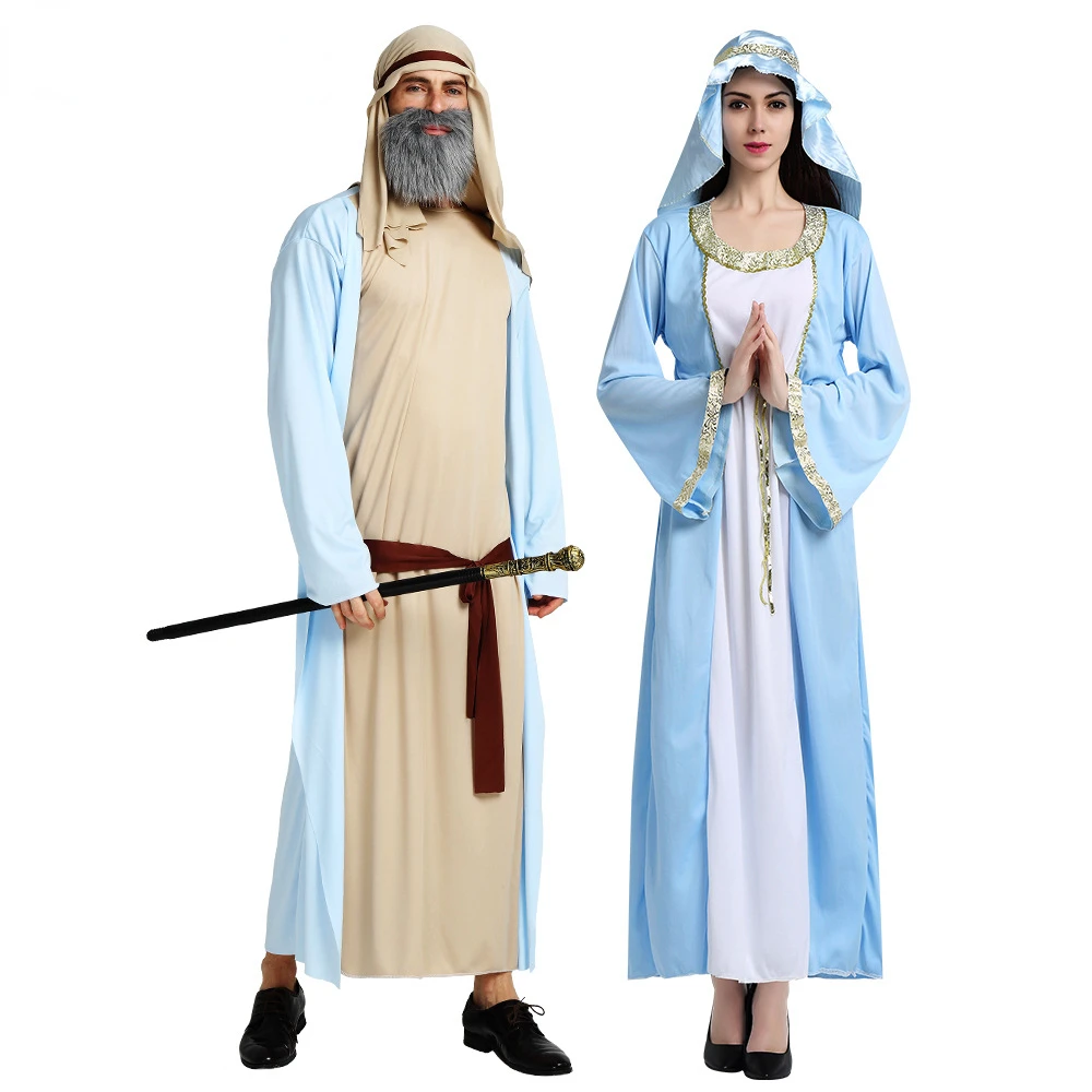 Women Men's Chief Arab Girl Arabian Costume Blue White Robe Halloween Cosplay Carnival Fancy Dressed Up