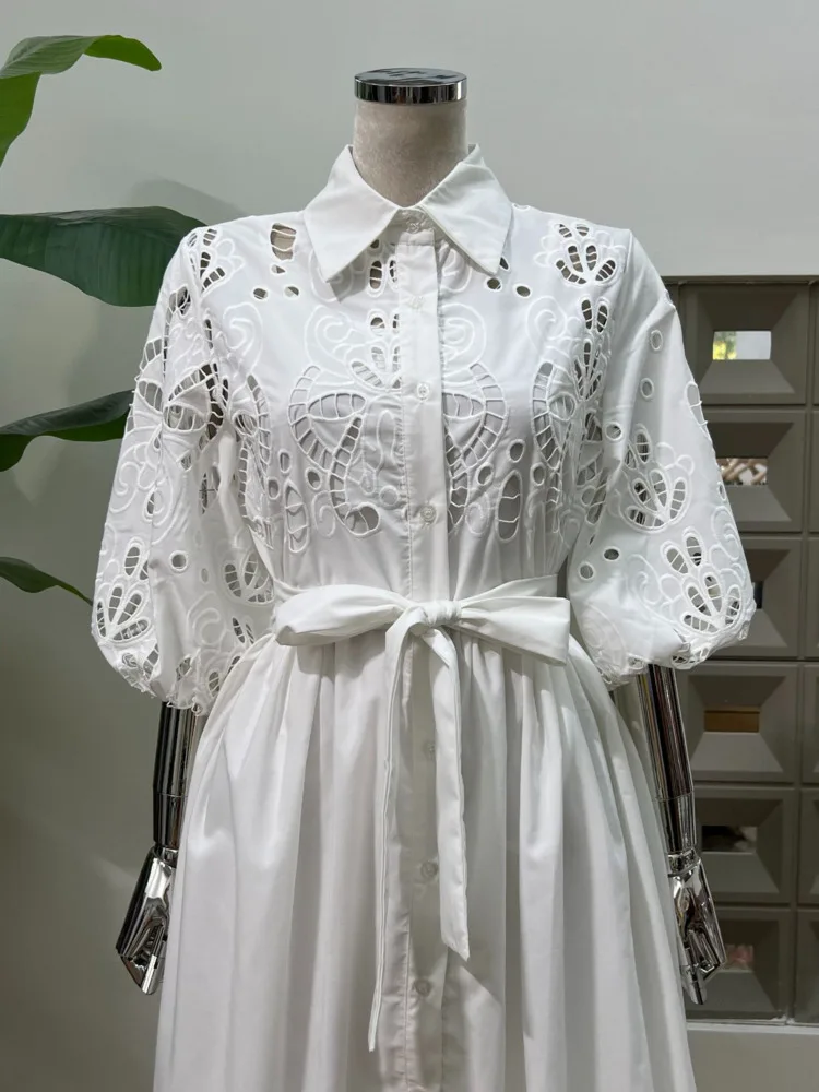 DFDG Vestidos de mujer informales con solapa suave y bordado con botones recortados en la parte delantera, manga corta, estilo bohemio, verano y primavera 2025