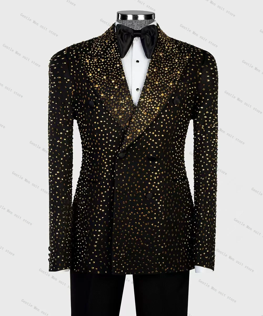 

Gold Crystals Men Suit Set 2 Piece Blazer+Pants Trousers Black Cotton Wedding Tuxedos Formal Office Jacket Prom Coat Customized