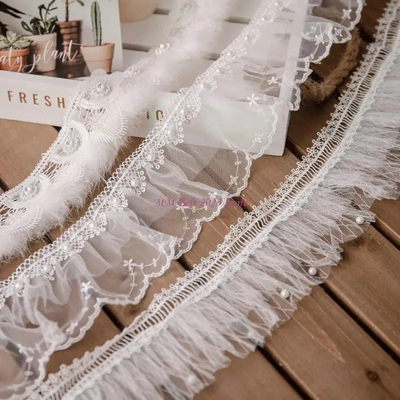49me 1 meter geplooide mesh kanten ruches trim lint lint tassel faux parel parel applique bruiloft bruidsjurk diy naaien