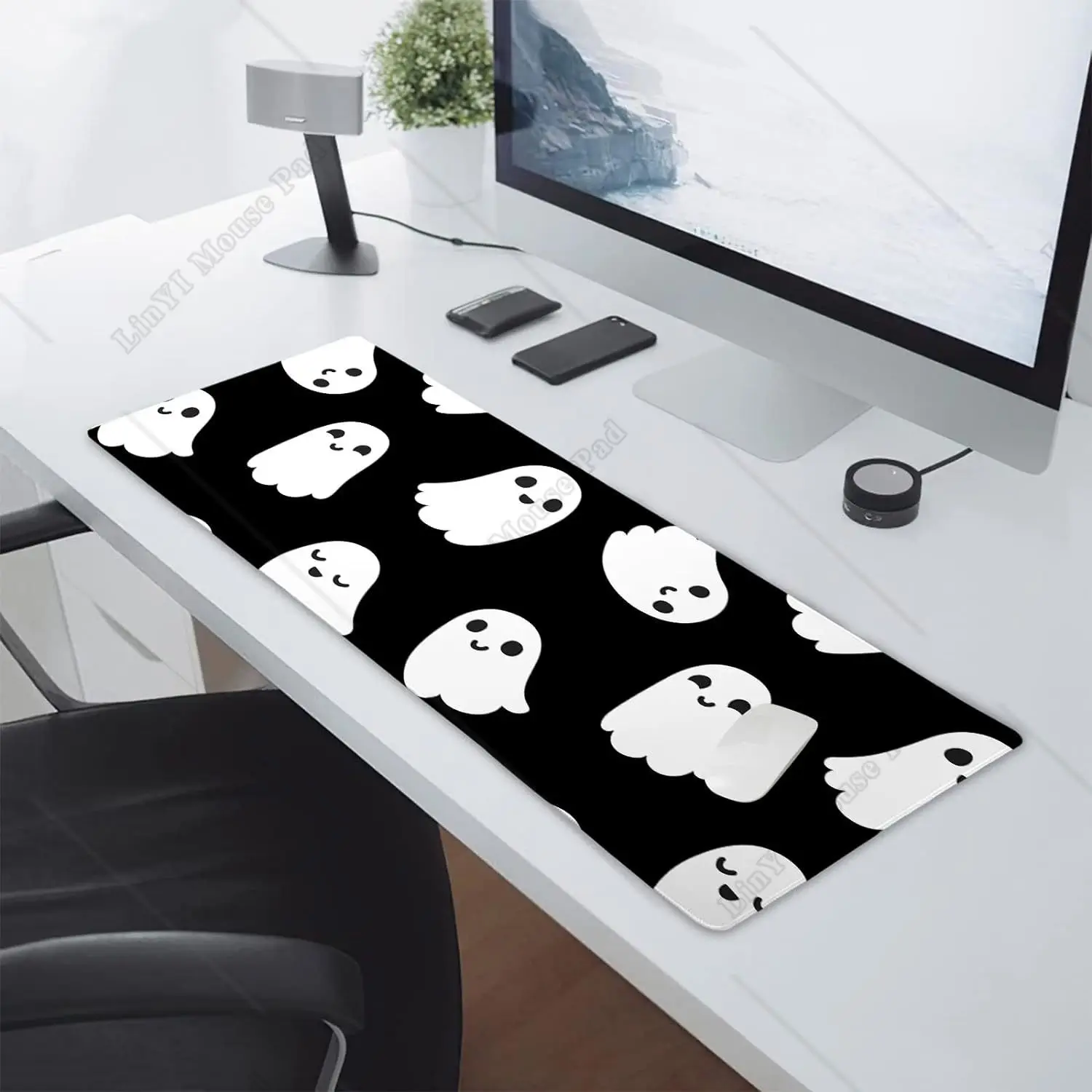 Halloween Cute Ghost Mouse Pad Cartoon Spooky Funny Desk Mat Non-Slip Rubber Base Stitched Edge Large XL  Mousepad for Laptop
