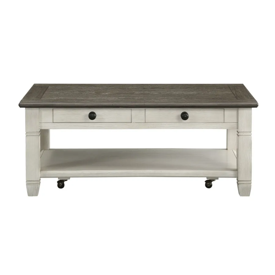 

Rosy Brown and Antique White Finish 1pc Cocktail Table with Casters 2 Drawers Bm Shelf Wooden Living Room Furniture