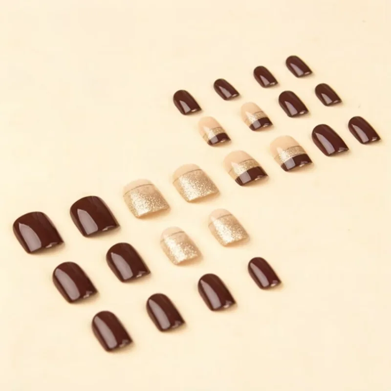 여성용 짧은 사각형 가짜 손톱, 광택 있는 갈색 팁, - Nail Art Glitter 리뷰 및 가격