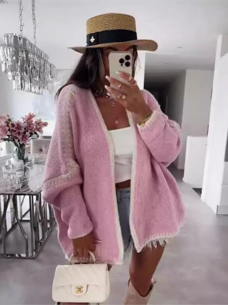 女性の冬のファッションカーディガンセーター Y2k 女性カジュアルカラーマッチングルーズニットセーター秋暖かいコート女性のための