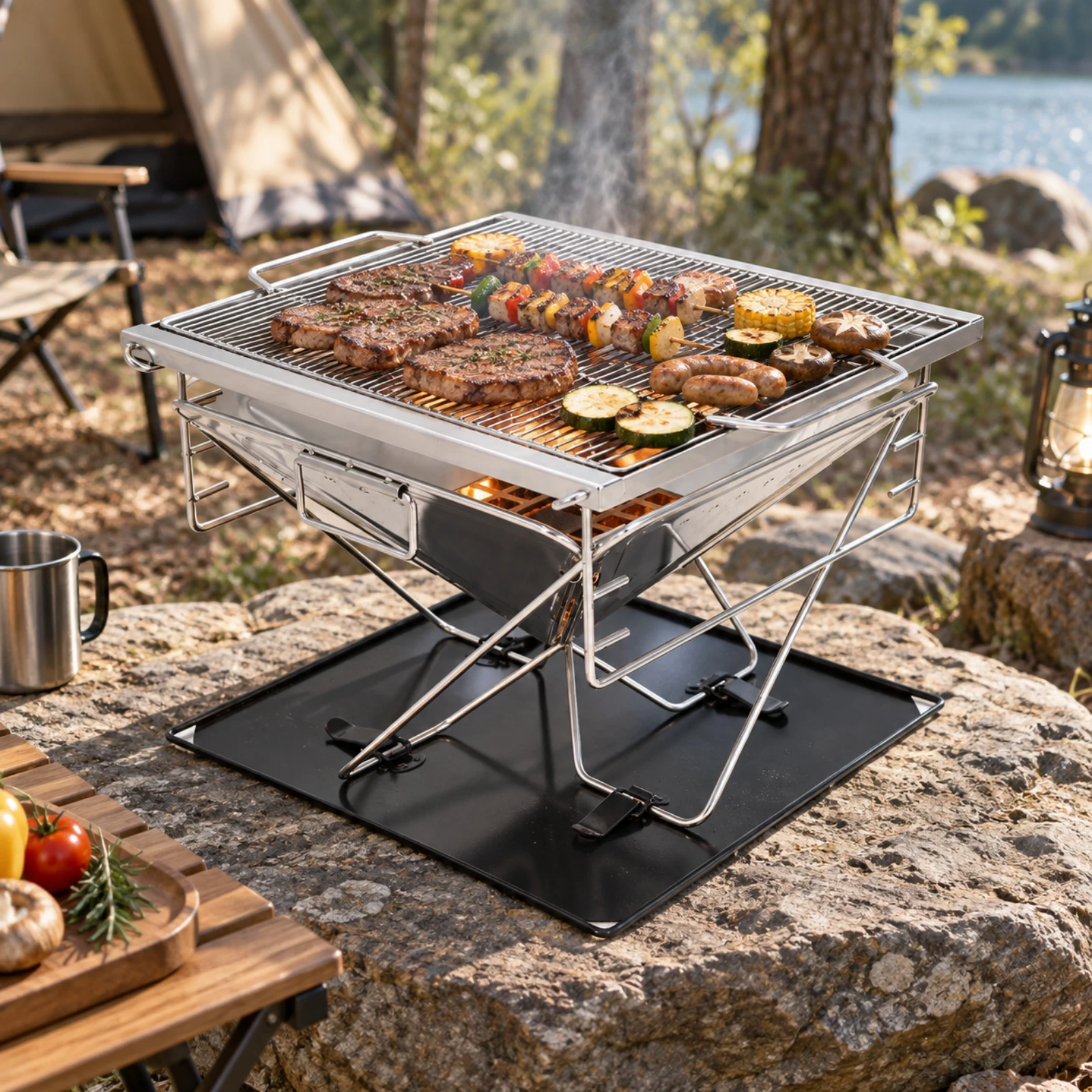 Outdoor Grill Compact Stainless Steel Fire Fire Bowl with Cooking Grate Folding Barbecue Grill Multi-Functional for Camping