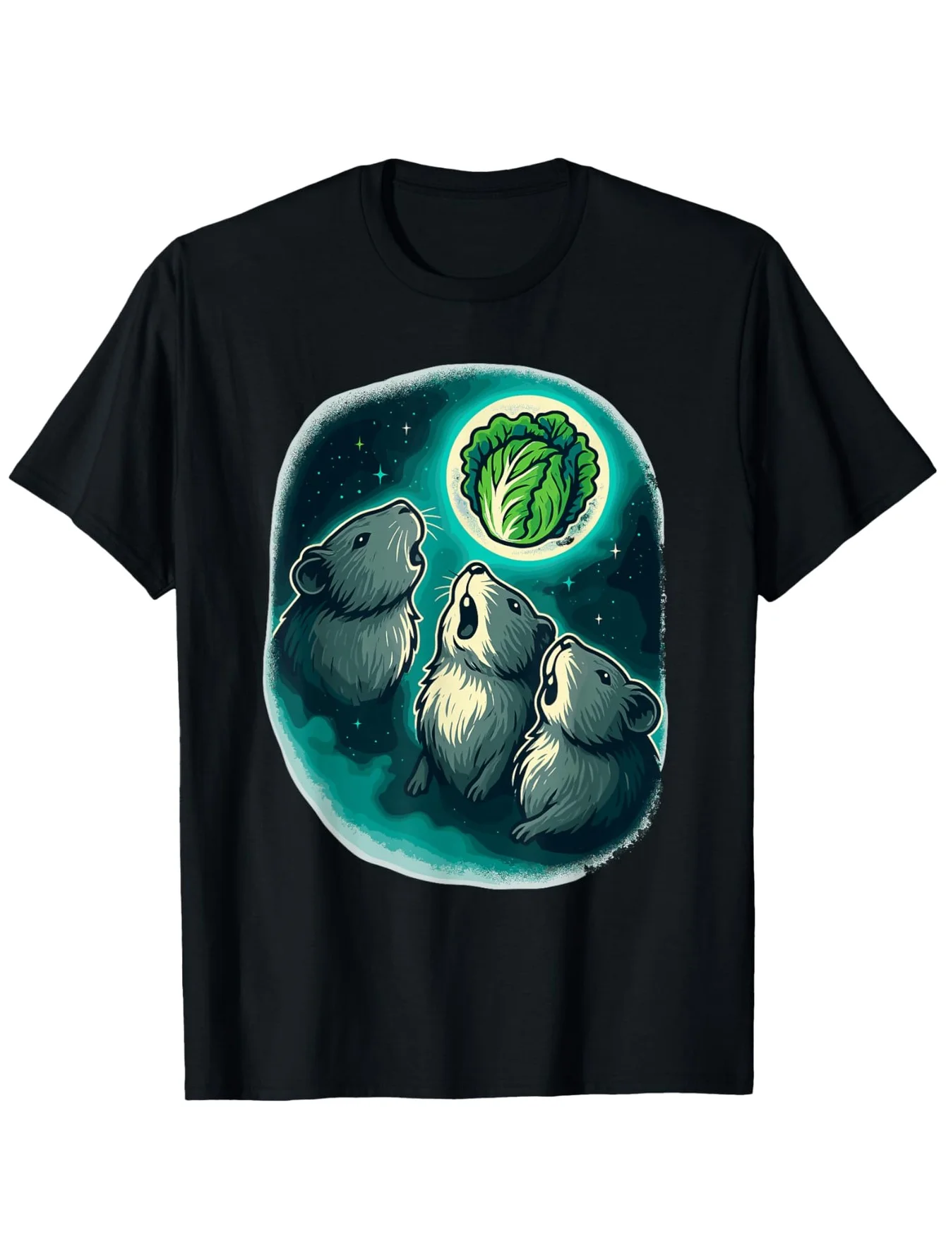2026 Women's Funny Guinea Pig Lovers T-Shirt - Cute 3 Guinea Pigs & Starry Night Print with Lettuce (for all you veggie Pigs!),
