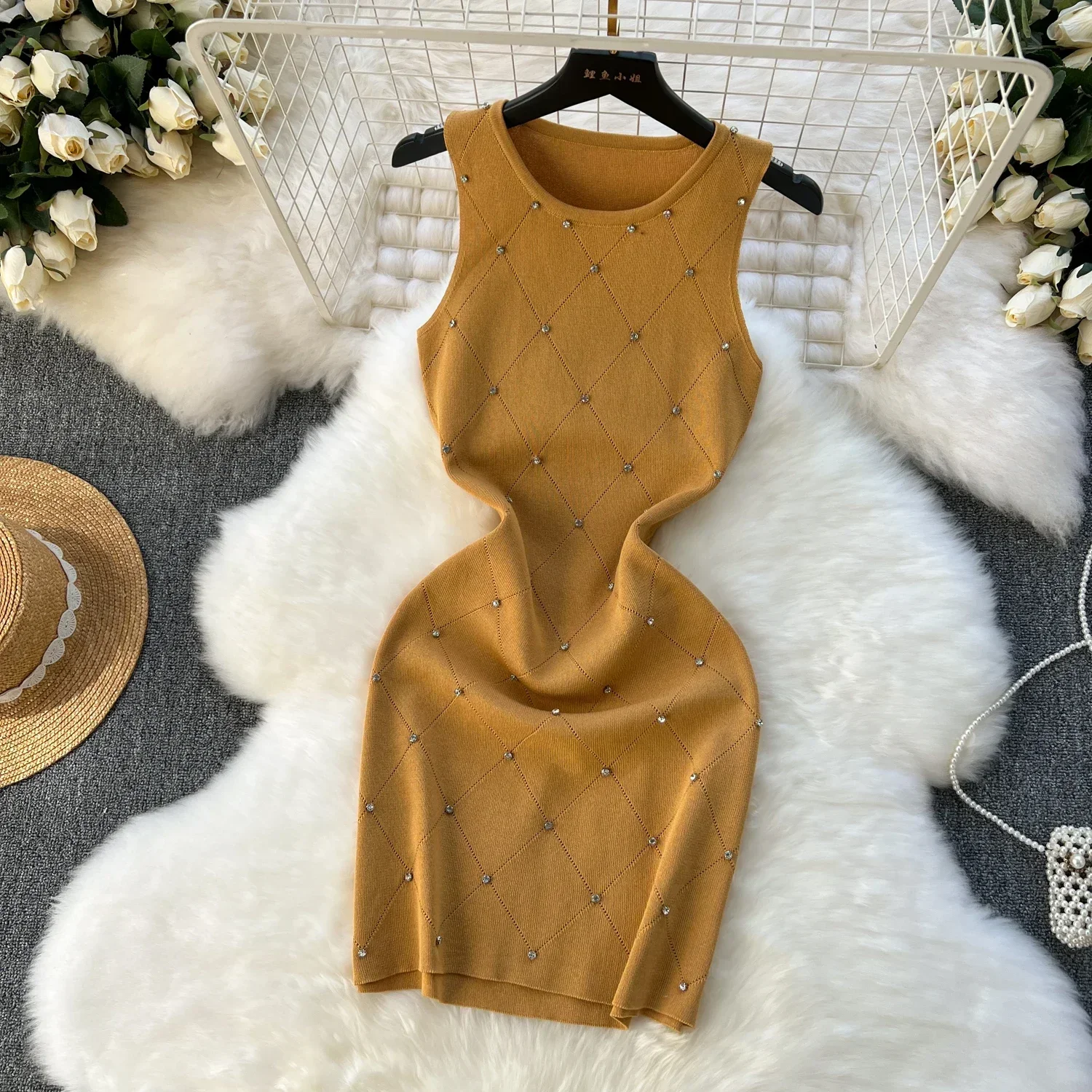 البوب الديكور الصيف المرأة الحياكة غمد تانك فستان أنثى Bodycon محبوك بروتيل أكمام فساتين صغيرة لملابس امرأة