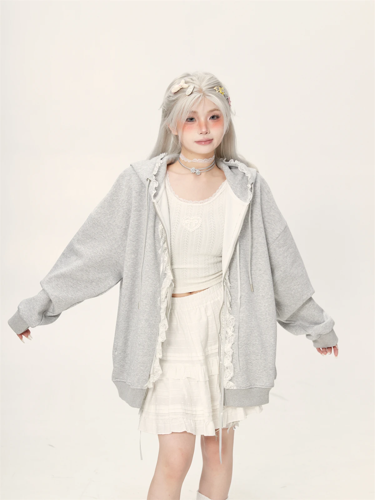 Lace Bow Zipper Gray Sweatshirts Jacket Women's Spring and Autumn 2025 New Hooded Long Sleeve Cardigan Top Oversized Hoodie