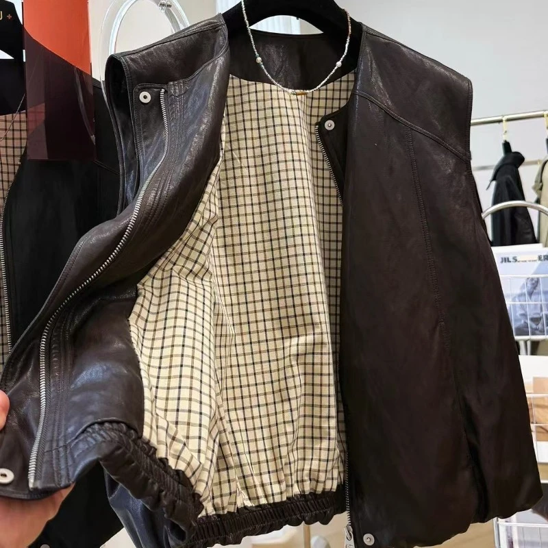 Giacca da donna in PU con scollo tondo vintage a vento, cappotto autunnale senza maniche in ecopelle per donna