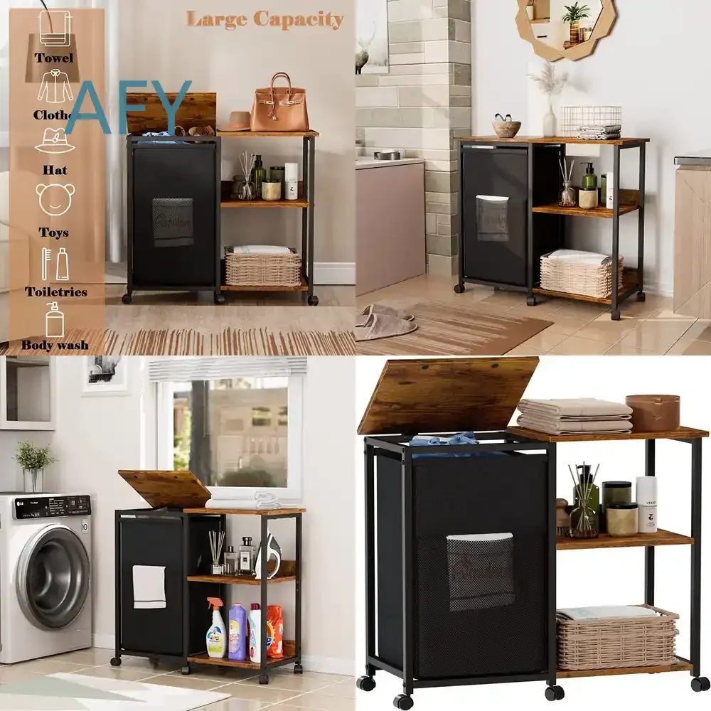 Multi-Tier Storage Shelf with Non-Woven Fabric Bins for Bathroom Bedroom Laundry Room Washing Basket for Home Organization