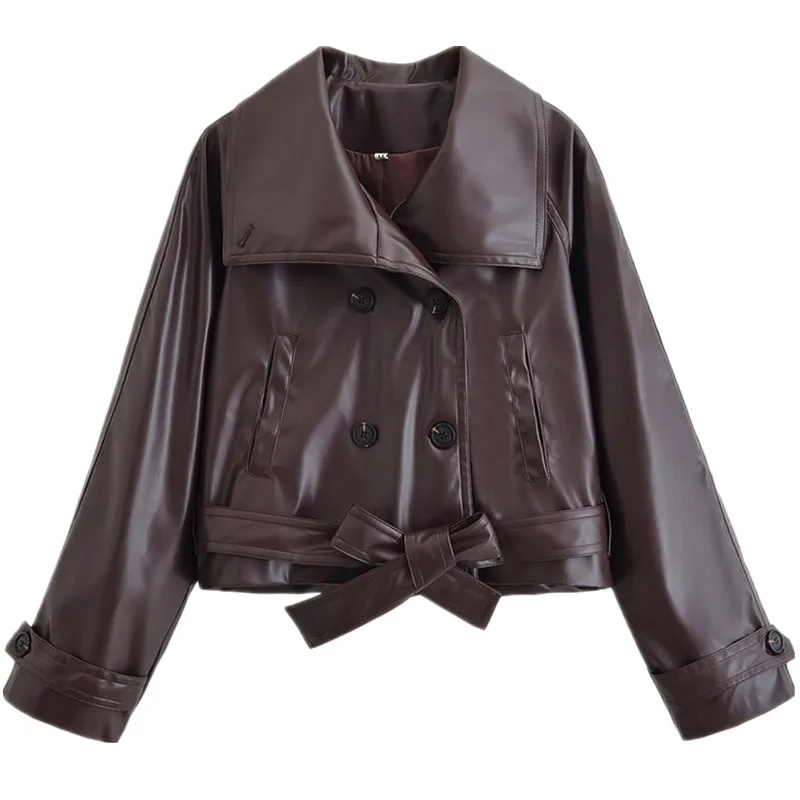 Autunno 2025 Jaet in pelle sintetica da donna Colletto alla coreana con cintura Capispalla versatile Casual Sle Long Sve Cappotto da donna