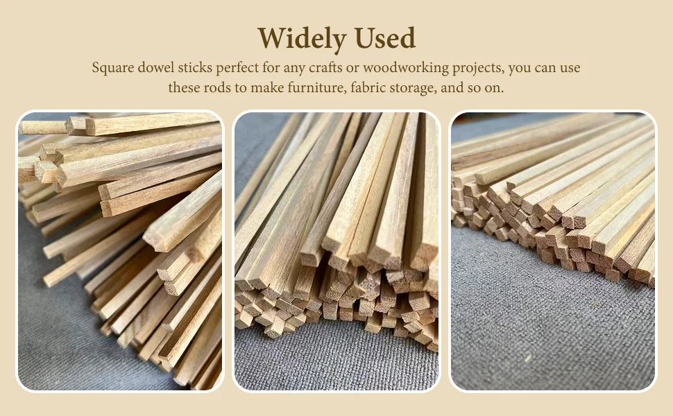 50x Unfinished Square Sticks Hardwood Strips for Crafts Model Toys Building