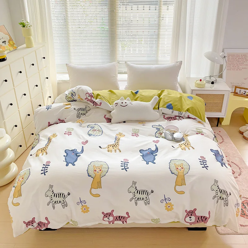 

Funny Animal Cotton Duvet Cover Cartoon Abstract Lion Zebra Floral Comforter Cover Reversible Quilt Cover Without Pillowcase