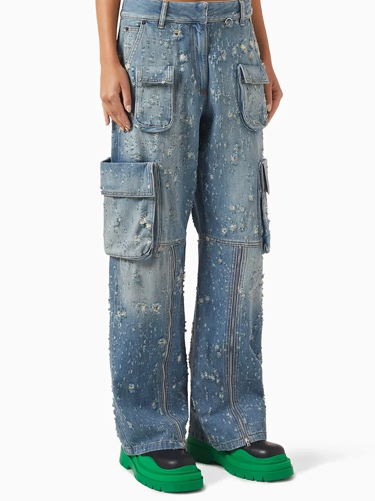 BPN Casual Patchwork Pockets Cargo Jeans For Women High Waist Hit Color Spliced Zipper Straight Leg Denim Pants Female New Style