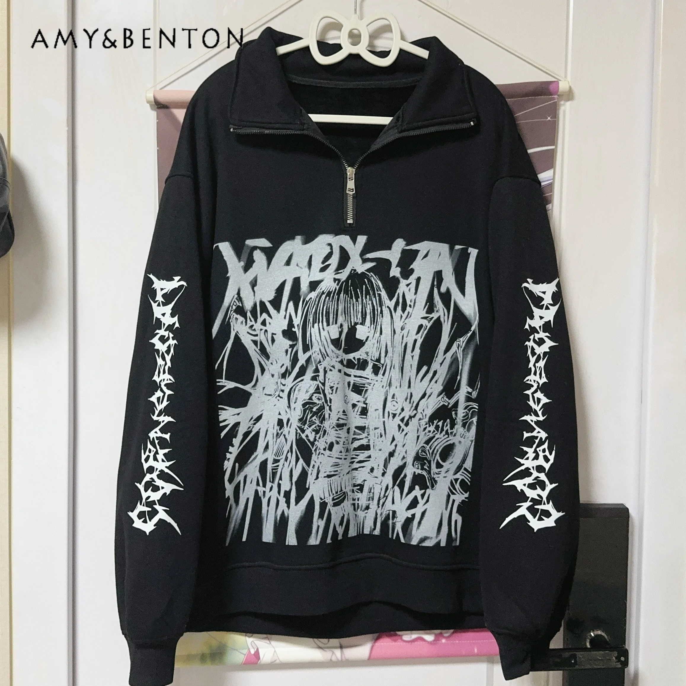 

Japanese Subculture Animation Printed Hoodie Mine Mass Production Two-dimensional Velvet Pure Cotton Stand Collar Sweatshirt