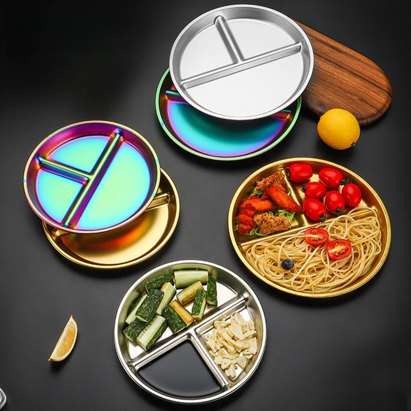 

304 Stainless Steel Divided Dinner Plates Balanced Diet 3 Grids Dishes Dazzling Portion Control Tray Tableware Kitchen Supplies
