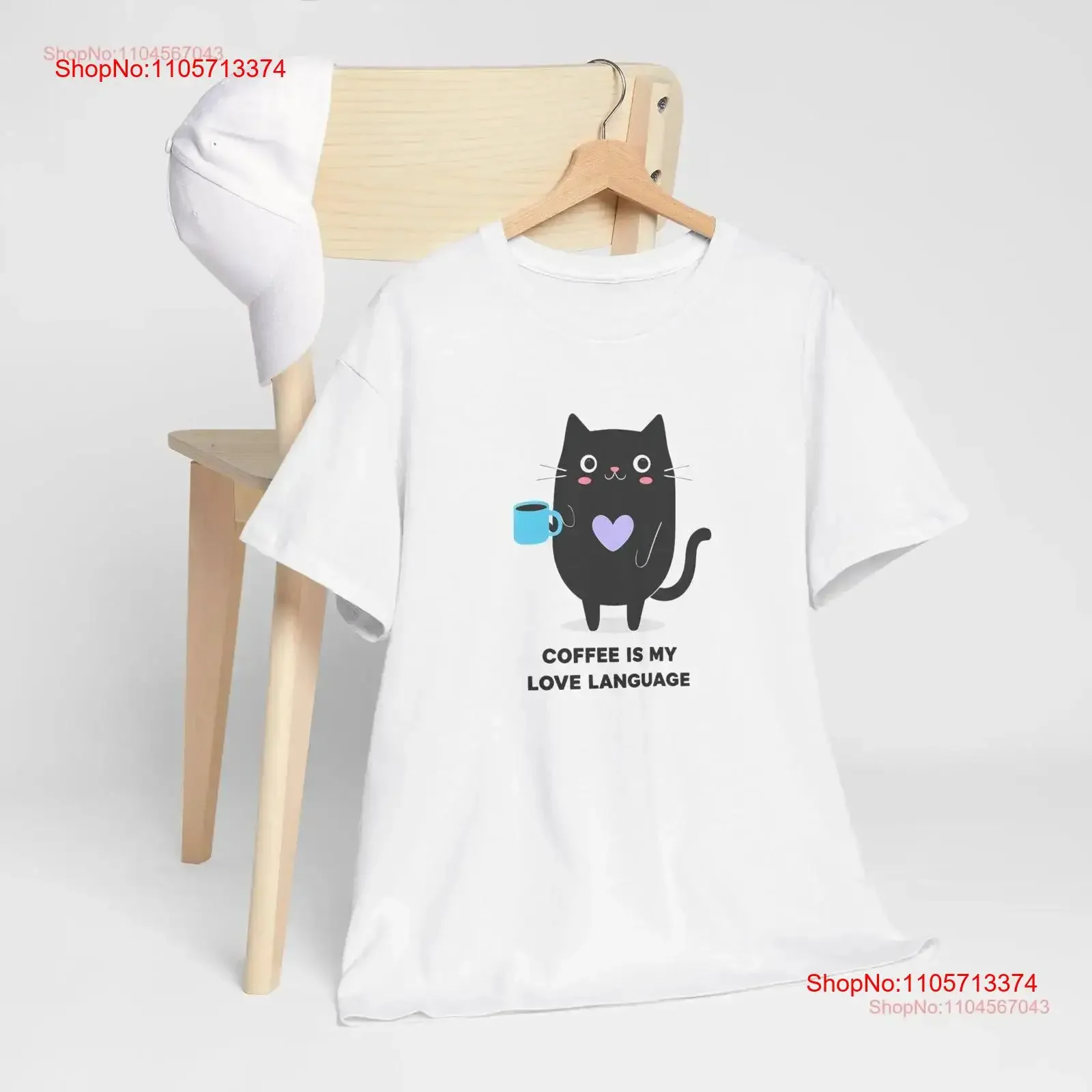 Cute Black Cartoon Cat with Coffee Mug and Heart Illustration T Shirt vintage Washed graphic Breathable Stretched Stylish